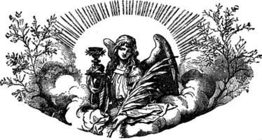a anjo segurando a piedosos Graal, coroa do espinhos, e Palma frond vintage ilustração. vetor