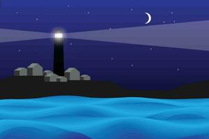 ilustração do farol em a Colina e azul onda dentro a noite. vetor