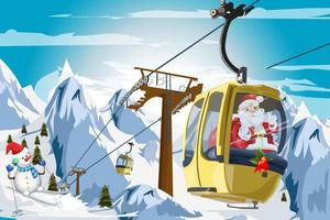 inverno montanhas teleférico com o papai noel no teleférico, época de natal vetor