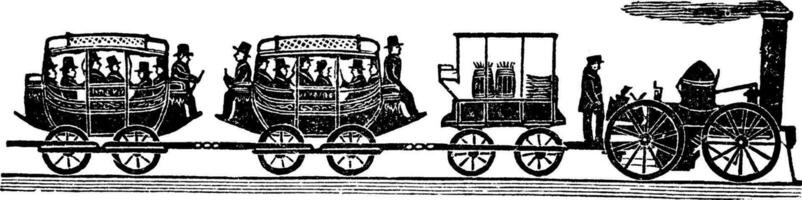 primeiro Ferrovia trem, vintage ilustração. vetor