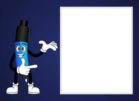 personagem de caneta mascote em pé e apontando para uma placa em branco isolada com uma expressão alegre em fundo branco vetor