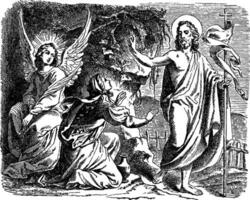 Jesus parece para Maria madalena lado de fora a túmulo vintage ilustração. vetor