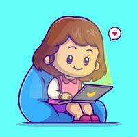 fofa menina sentado jogando computador portátil desenho animado vetor ícone ilustração. pessoas tecnologia ícone conceito isolado Prêmio vetor. plano desenho animado estilo