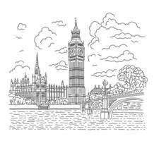 Londres rua e grande ben. mão desenhado vetor ilustração dentro linear estilo