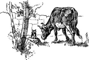 gatinho e vaca, vintage ilustração vetor