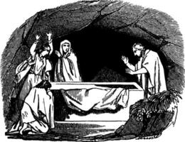 Peter encontra a túmulo do Jesus esvaziar vintage ilustração. vetor