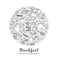 mão desenhado café da manhã pratos dentro círculo. vetor