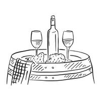 uma mão desenhado ilustração do dois óculos do vinho em uma barril indicando uma Vinhedo. garrafa do vinho dentro a Centro e uvas em torno da. vetor