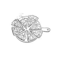 uma linha desenhado ilustração do uma pizza, cortar para dentro fatias em uma de madeira borda. mão desenhado dentro Preto e branco e criada em procriar usando a maçã lápis. vetor