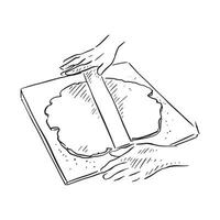 uma linha desenhado ilustração do mãos, uma rolando PIN e pastelaria indicando pastelaria rolando. vetor