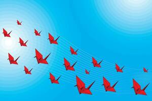 ilustração grupo do vermelho origami pássaro vôo com linha e azul círculo fundo. vetor