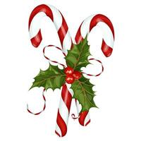 Natal decoração. uma ramalhete do doce bengalas e azevinho, amarrado com uma arco do colorida rendas. estoque vetor ilustração em uma branco fundo.