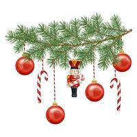 Natal decoração. uma Natal árvore ramo decorado com brinquedos, uma vermelho bola, uma doce bengala e uma quebra-nozes. vetor