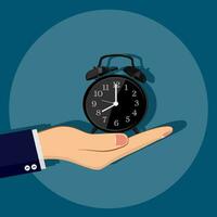 mão segurando Preto alarme relógio mostrando em azul fundo. data limite símbolo. vetor ilustração