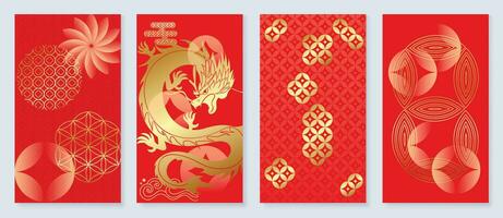 feliz chinês Novo ano cobrir fundo vetor. ano do a Dragão Projeto com dourado Dragão, moeda, flor, mar aceno, padronizar. elegante oriental ilustração para cobrir, bandeira, local na rede Internet, calendário. vetor