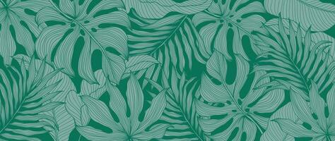 abstrato verde folhagem papel de parede natureza vetor. folhas padronizar com monstera folha, Palma plantar linha arte em verde cor fundo. Projeto para bandeira, cobrir, interior, decoração, cartão. vetor