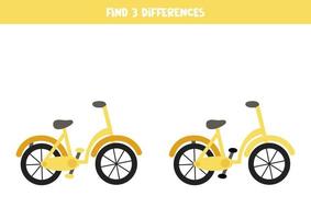 encontre 3 diferenças entre duas bicicletas amarelas de desenho animado. vetor