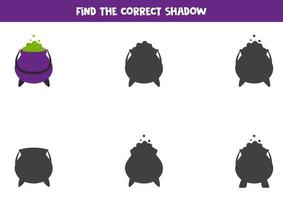 Encontre a sombra correta do caldeirão de halloween. quebra-cabeça lógico para crianças. vetor