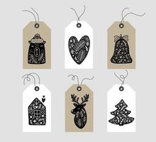 conjunto de tags de elemento de Natal escandinavo de doodle desenhado à mão. coleção de etiquetas de presente de vetor de férias de inverno e elementos decorativos de Natal de higiene em pacote