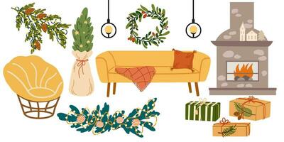 Natal interior elementos definir. sofá, vaso, vela, Natal árvore, cadeira e mesa. inverno feriado casa decorações. acolhedor casa mobiliário. vetor mão desenhar ilustração isolado