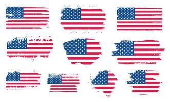 conjunto do Unidos estados do América bandeira com aguarela pintura escova golpes sujo textura ou grunge textura Projeto. grunge nos bandeira escova acidente vascular encefálico efeito pacote. vetor