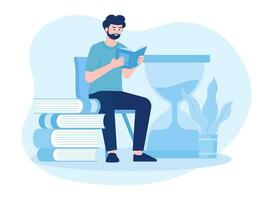 homem sentado em uma cadeira lendo uma livro conceito plano ilustração vetor