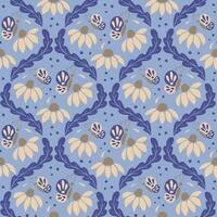 retro vintage desatado padronizar com flores e borboletas. mão desenhado plano abstrato flores, folhas e borboletas em azul fundo. na moda impressão Projeto para têxtil, papel de parede, interior vetor