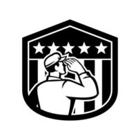 soldado americano saudação bandeira dos EUA distintivo retro preto e branco vetor