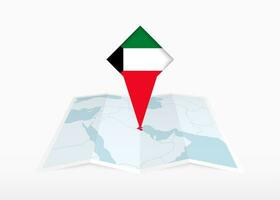 Kuwait é retratado em uma guardada papel mapa e fixado localização marcador com bandeira do kuwait. vetor