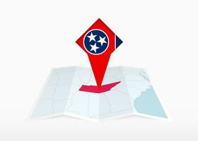 Tennessee é retratado em uma guardada papel mapa e fixado localização marcador com bandeira do Tennessee. vetor