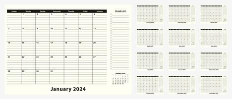 por mês o negócio escrivaninha almofada calendário para ano 2024, 12 mês. vetor