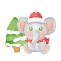 cartão de Natal com um elefante fofo em estilo aquarela. vetor