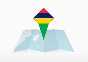 Maurícia é retratado em uma guardada papel mapa e fixado localização marcador com bandeira do maurício. vetor