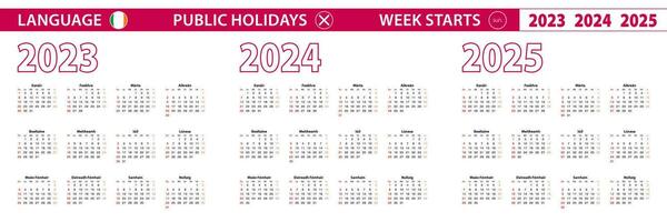 2023, 2024, 2025 ano vetor calendário dentro irlandês linguagem, semana começa em Domingo.