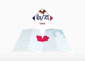 iowa é retratado em uma guardada papel mapa e fixado localização marcador com bandeira do iowa. vetor