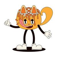 groovy beber lambendo gato personagem. copo do café com gotejamento caramelo. vetor ilustração isolado em uma branco fundo.