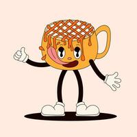 groovy beber lambendo caramelo personagem. copo do café com gotejamento caramelo. vetor ilustração isolado em uma pêssego fundo.