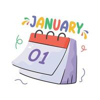1º janeiro encontro em calendário mostrando conceito plano adesivo do feliz Novo ano calendário ícone, mão desenhado vetor do Novo ano calendário