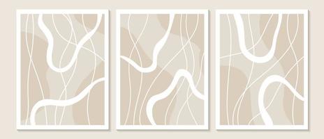 arte de parede abstrata contemporânea na moda, conjunto de 3 gravuras de arte boho, formas pretas mínimas em bege. composição artística minimalista geométrica criativa de meados do século. vetor