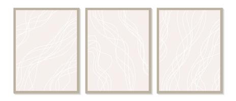 arte de parede abstrata contemporânea na moda, conjunto de 3 gravuras de arte boho, formas pretas mínimas em bege. composição artística minimalista geométrica criativa de meados do século. vetor