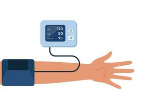 homem medindo sangue pressão com digital dispositivo tonômetro. arterial sangue pressão verificando. cuidados de saúde conceito. monitoramento do arterial hipertensão. vetor ilustração.