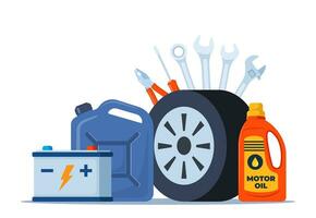 auto serviço acessórios composição com ferramenta kit, Gasolina vasilha e bateria. vetor ilustração.