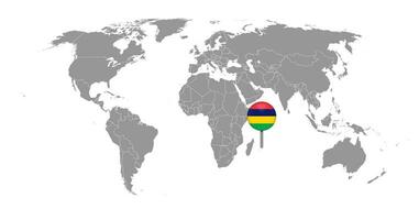 mapa de pinos com bandeira das Maurícias no mapa do mundo. ilustração vetorial. vetor