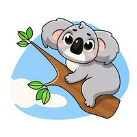 fofa coala é sentado em uma árvore ramo contra a céu, desenho animado personagem. vetor