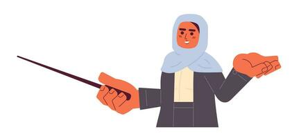 profissional mentor muçulmano mulher 2d desenho animado personagem. hijab fêmea Liderança treinador isolado vetor pessoa branco fundo. árabe senhora seminário instrutor ponteiro bastão cor plano local ilustração