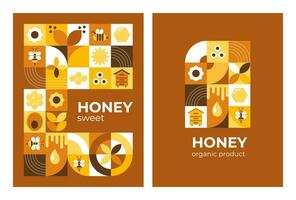 cartão postal, poster com abelhas, mel, favos de mel, colmeia, flores moderno abstrato fundo. bauhaus estilo estilo. vetor ilustração do geométrico formas.