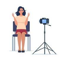 tiroteio entrevista dentro profissional estúdio. suave caixa luz, Câmera, Holofote. profissional equipamento para vídeo tiroteio. mulher tendo conversação em Câmera, fazer contente. vetor ilustração.