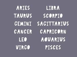 signo de vetor de letras do zodíaco. ilustração de texto de astrologia dos desenhos animados. conjunto de ícones escritos à mão do horóscopo.