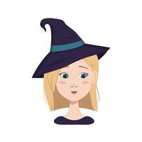 avatar de uma mulher com cabelos loiros e olhos azuis, emoções de timidez, rosto constrangido e olhos baixos e usando um chapéu de bruxa. garota com fantasia de halloween vetor