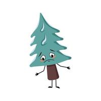 linda árvore de Natal com emoções tristes, rosto deprimido, olhos, braços e pernas. pinheiro com olhos. decoração festiva de ano novo, abeto alegre vetor